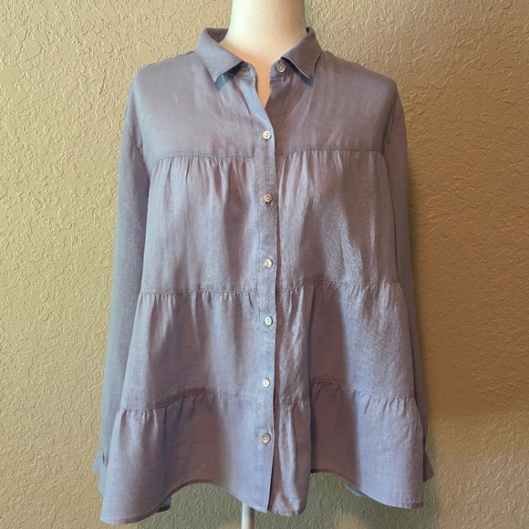 J. Jill Love Linen Periwinkle Blue Linen Tiered Long Sleeve Top Women's Size L - Picture 3 of 12